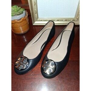 Tory Burch Womens Black Leather Ballet Flats With Gold Logo Size 6 EUC